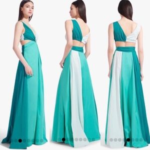 STAUD Passage Maxi Dress Size 4 Teal White Colorblock O Ring Detail Lightweight